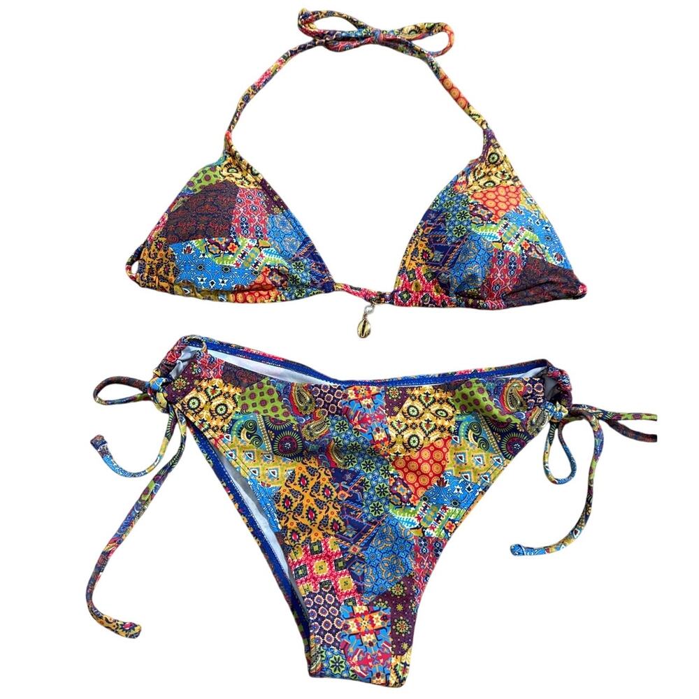 New Women's Size M Rainbow Boho String Side Tie Bikini Shell Charm Patchwork